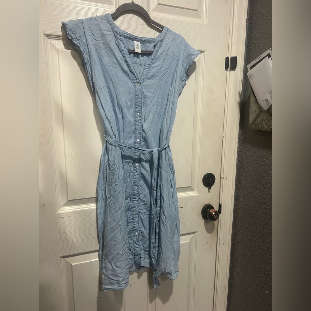 Mama Maternite Blue button up dress with tie waist, Size L #maternity #dressy